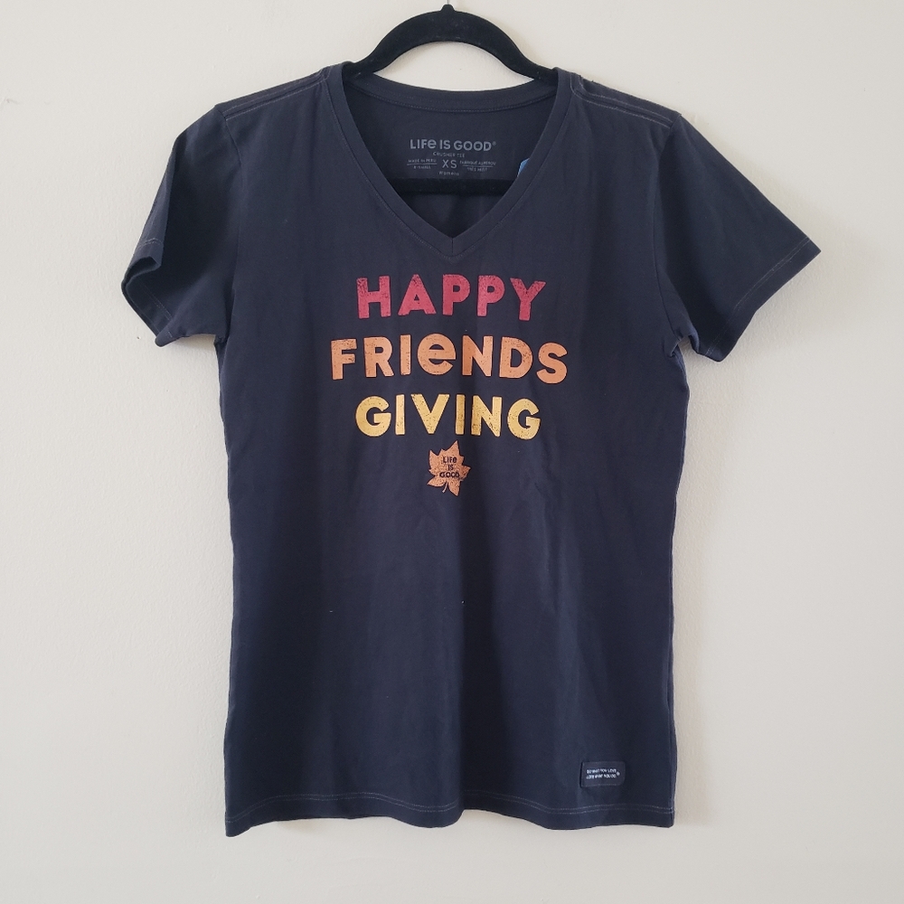 Life Is Good NWT Happy Friends Giving Crusher Tee Vneck T-shirt Womens X-Small